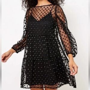 LOFT NWT Sz. SP Sheer Long Sleeve Golden Dots Mini Dress